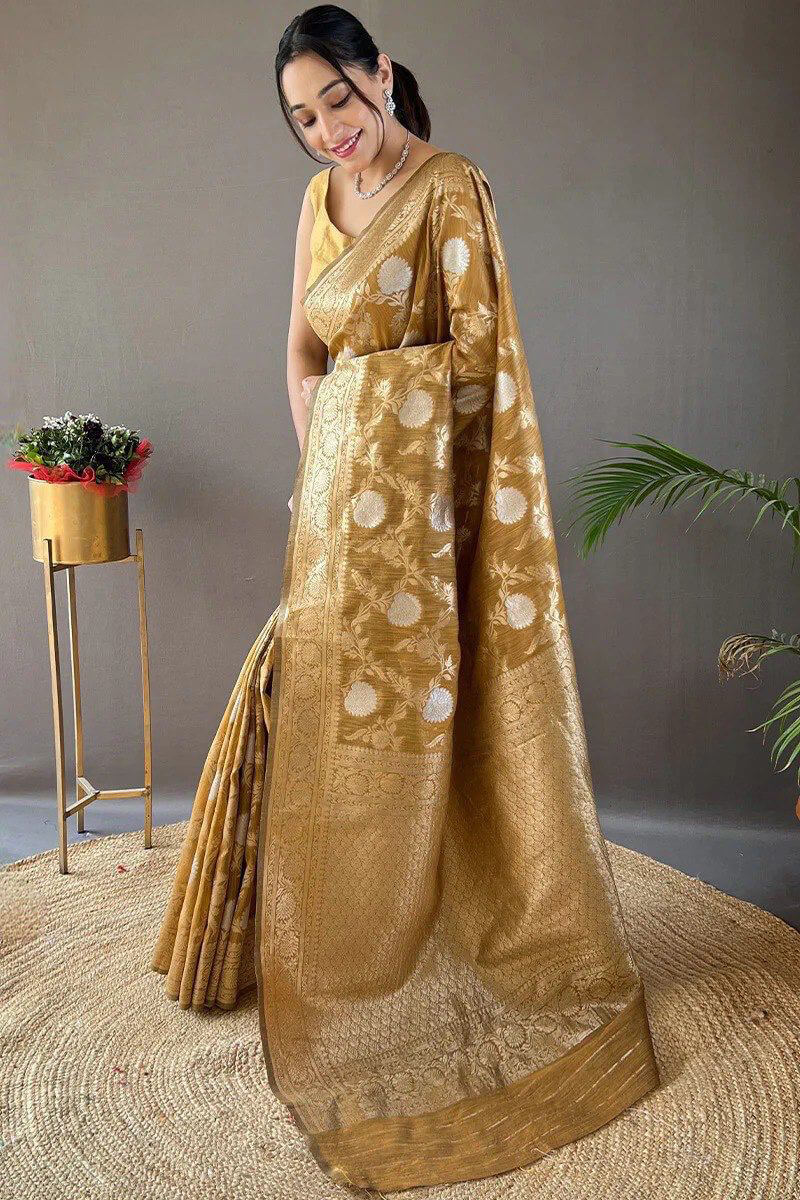 Demanding Mustard Cotton Silk Saree With Designer Blouse Piece