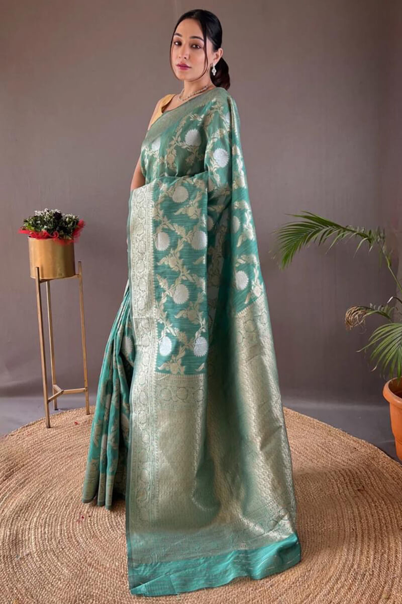 Unique Sea Green Cotton Silk Saree With Deserving Blouse Piece