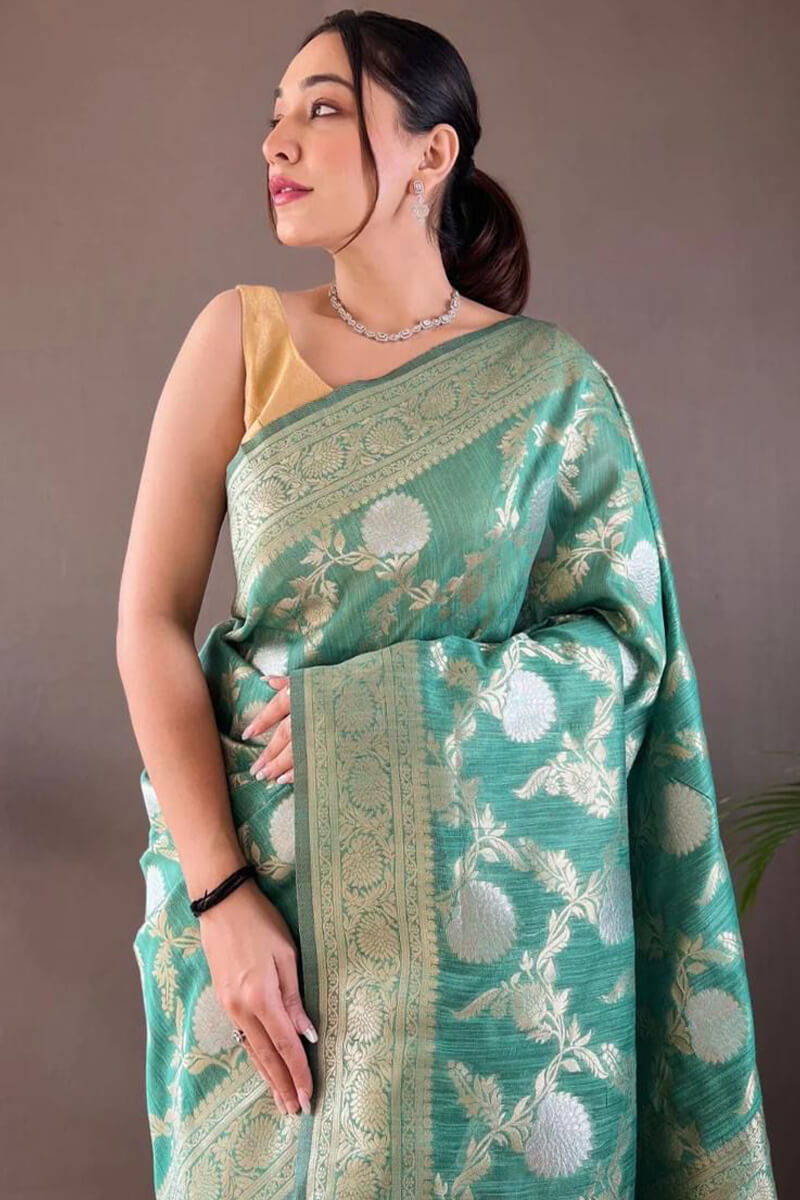 Unique Sea Green Cotton Silk Saree With Deserving Blouse Piece