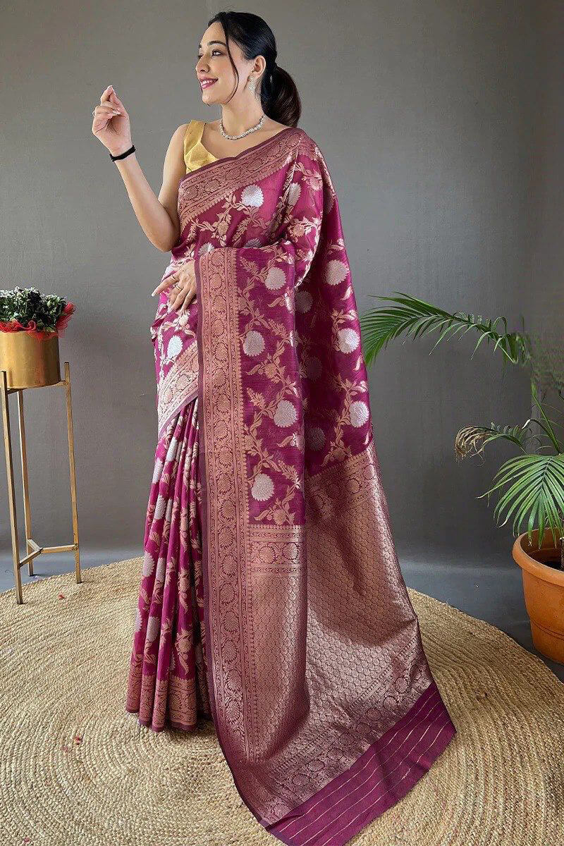 Exquisite Wine Cotton Silk Saree With Admirable Blouse Piece