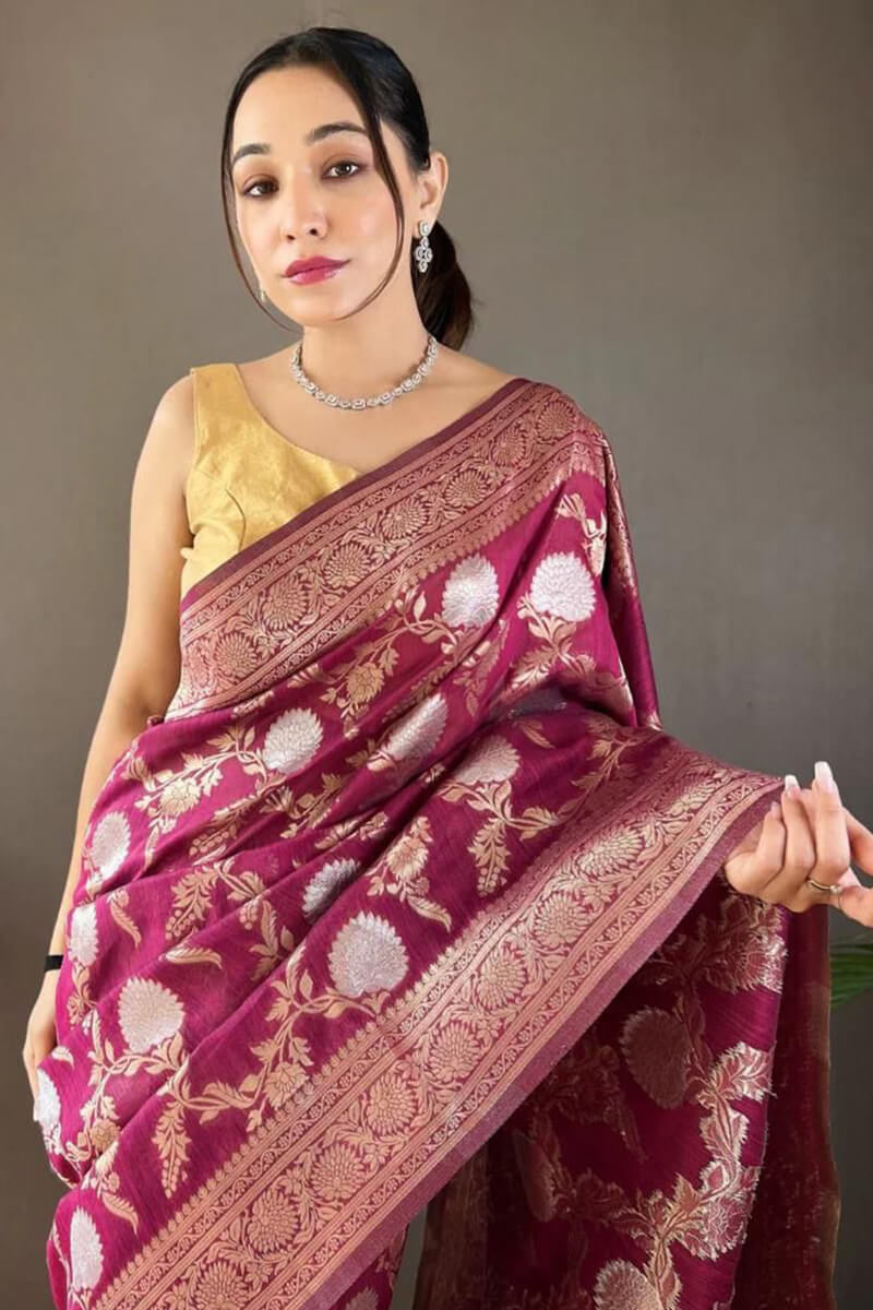 Exquisite Wine Cotton Silk Saree With Admirable Blouse Piece