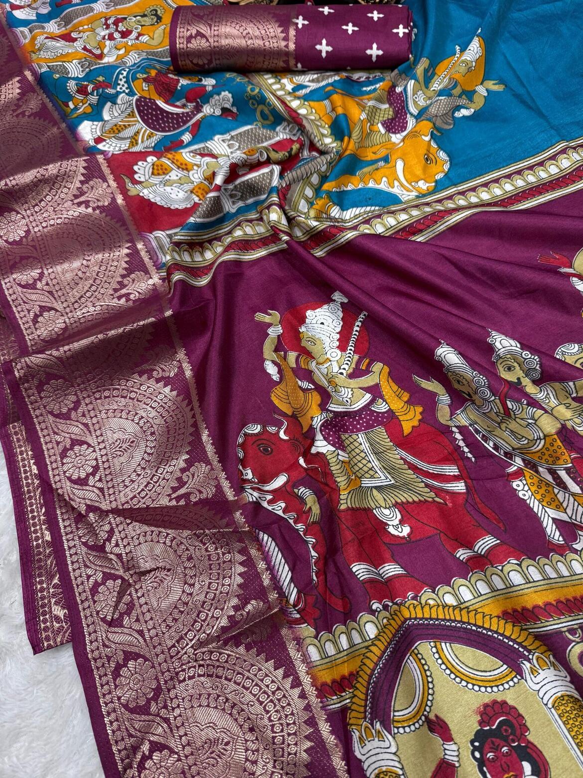 Exquisite Firozi Digital Printed Dola Silk Saree With Ornate Blouse Piece