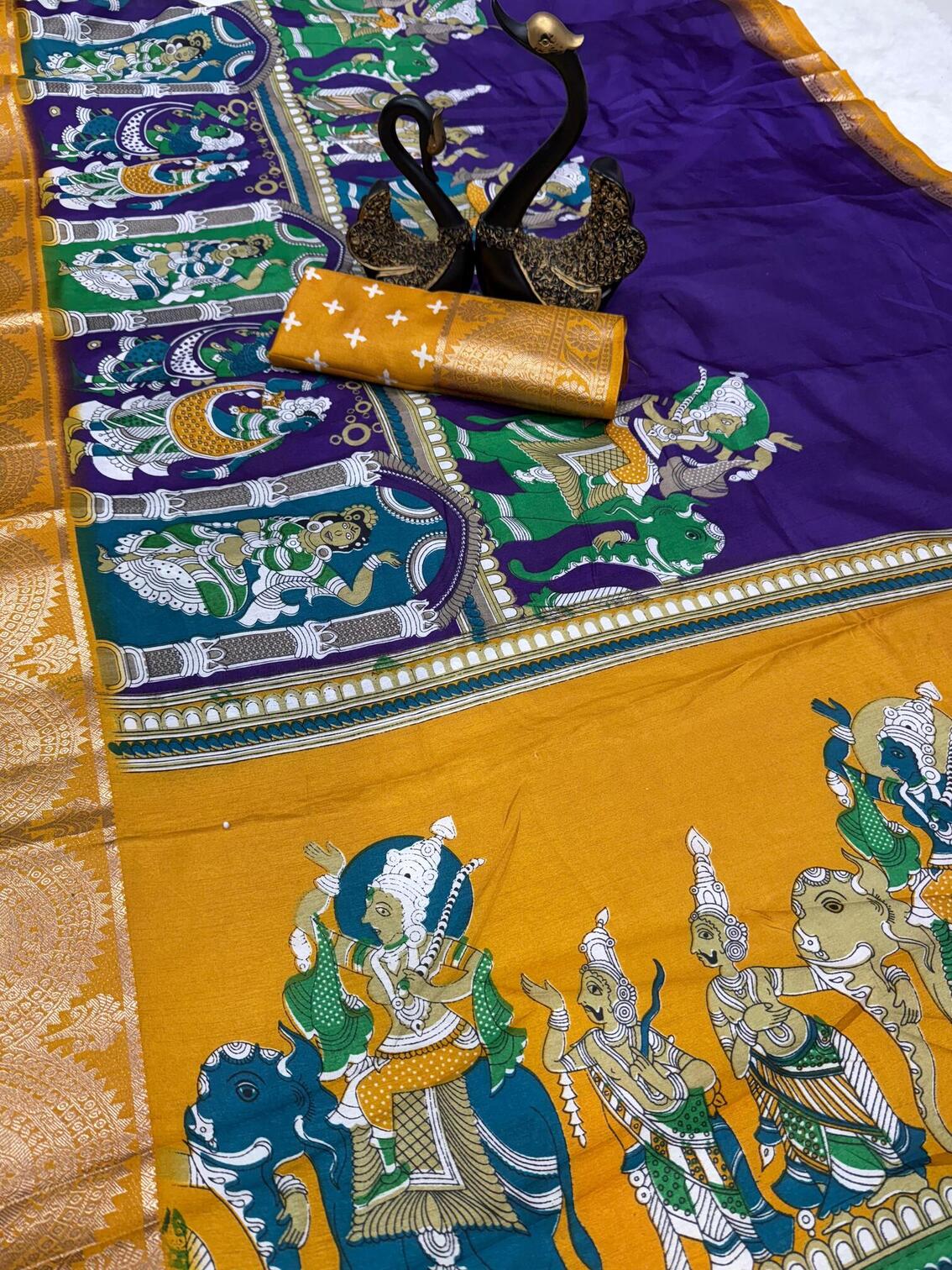 Surreptitious Royal Blue Digital Printed Dola Silk Saree With Delectable Blouse Piece