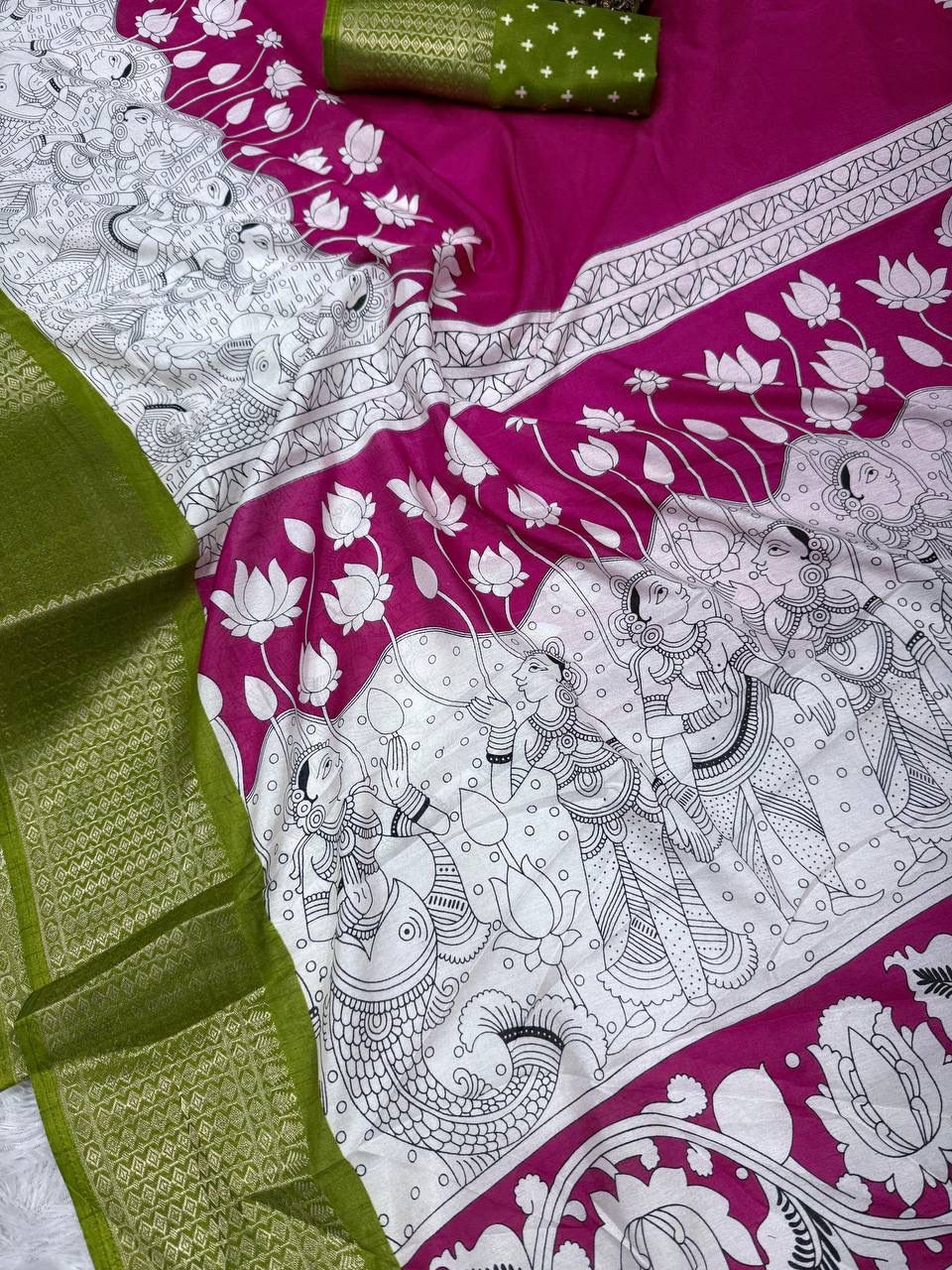 Zephyr Dark Pink Digital Printed Dola Silk Saree With Rhapsody Blouse Piece