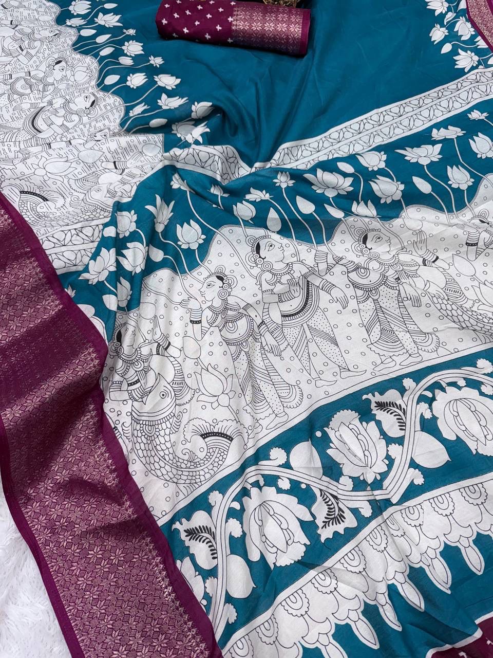 Tantalizing Firozi Digital Printed Dola Silk Saree With Grandiose Blouse Piece