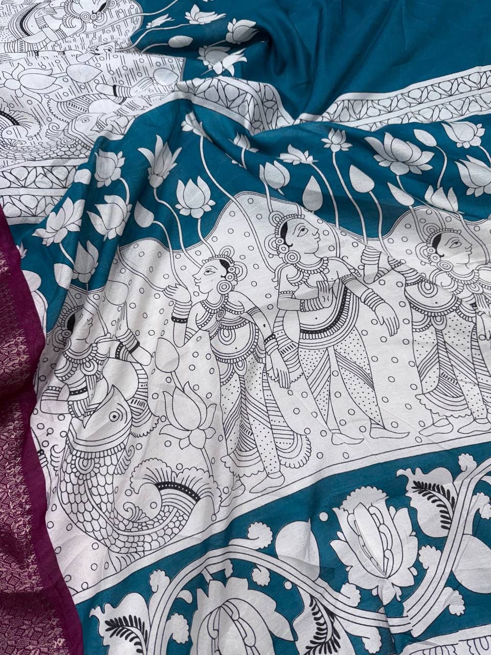 Tantalizing Firozi Digital Printed Dola Silk Saree With Grandiose Blouse Piece