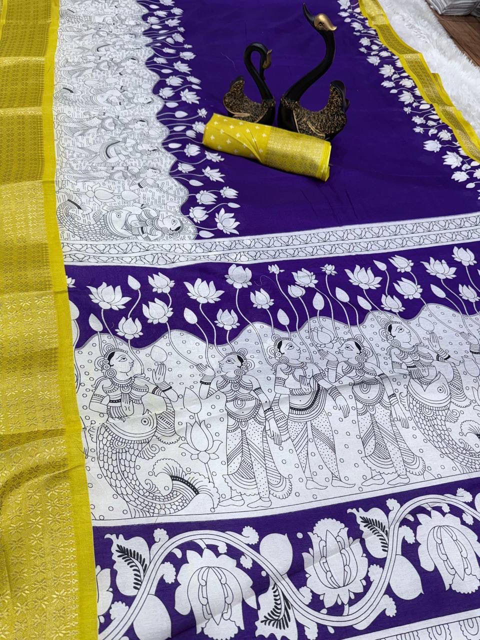 Snappy Royal Blue Digital Printed Dola Silk Saree With Symmetrical Blouse Piece