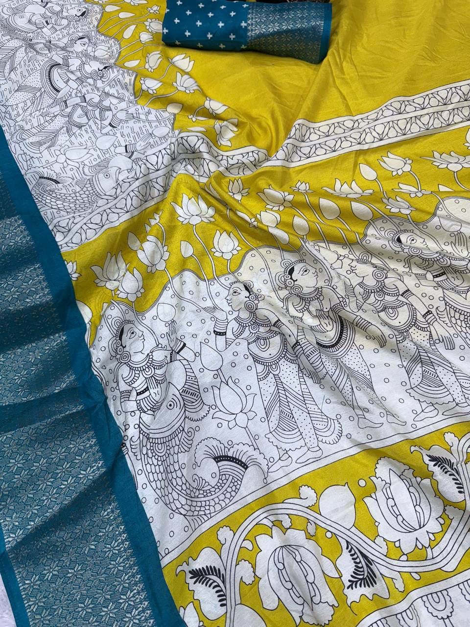 Resplendent Yellow Digital Printed Dola Silk Saree With Elaborate Blouse Piece