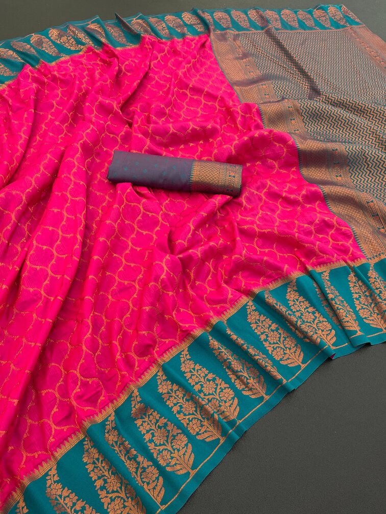 Palimpsest Dark Pink Soft Banarasi Silk Saree With Quintessential Blouse Piece