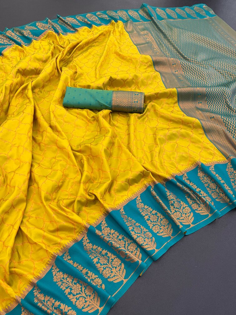 Vestigial Mustard Soft Banarasi Silk Saree With Sumptuous Blouse Piece