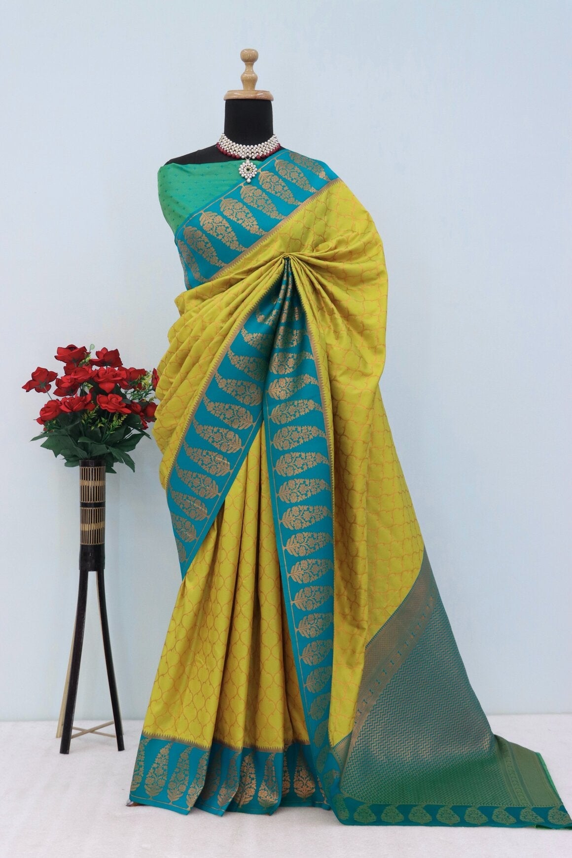 Vestigial Mustard Soft Banarasi Silk Saree With Sumptuous Blouse Piece