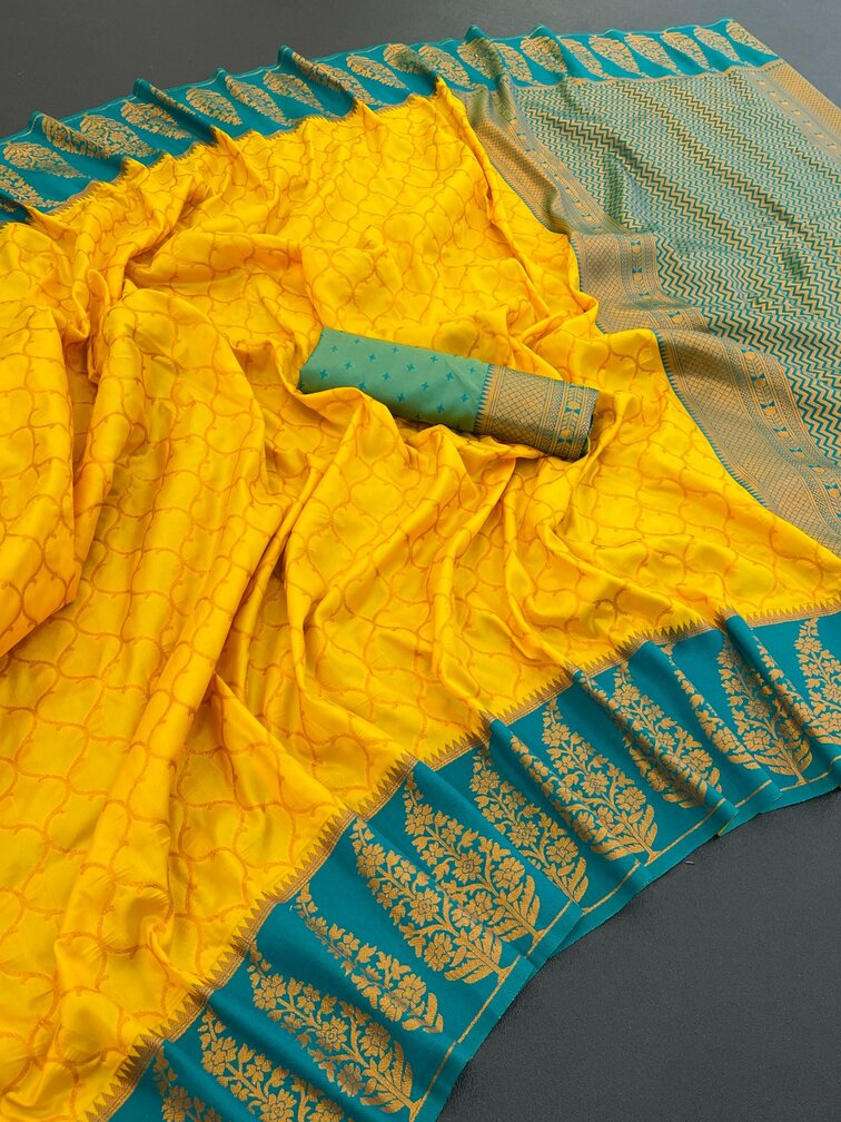 Transcendent Yellow Soft Banarasi Silk Saree With Resplendent Blouse Piece