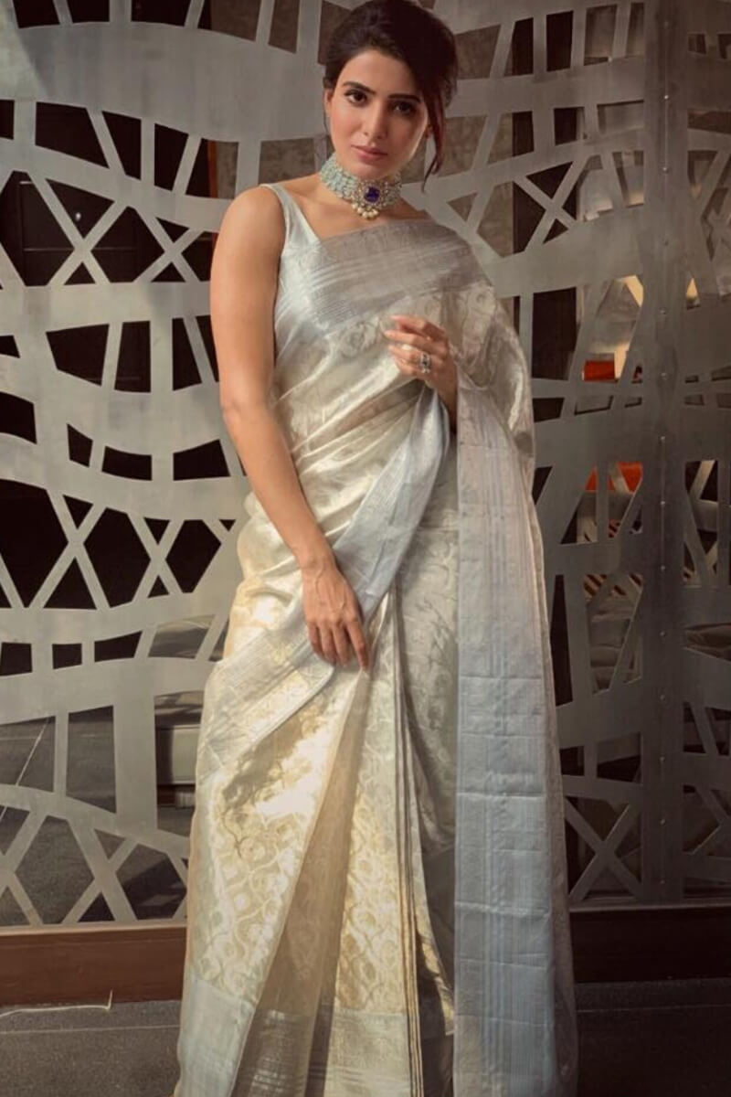 Classy Style Silver Soft Tissue Silk Saree With Pretty Blouse Piece