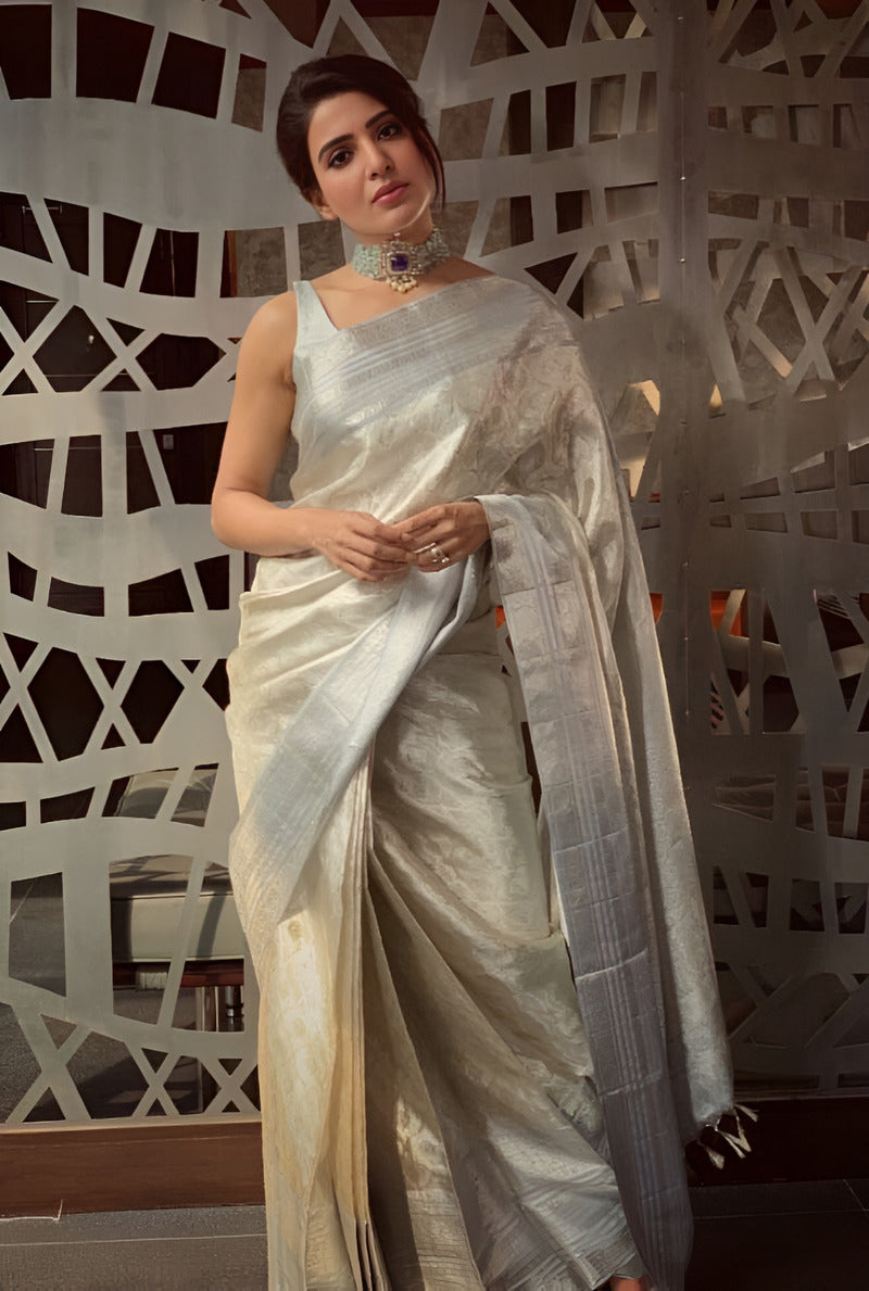 Classy Style Silver Soft Tissue Silk Saree With Pretty Blouse Piece