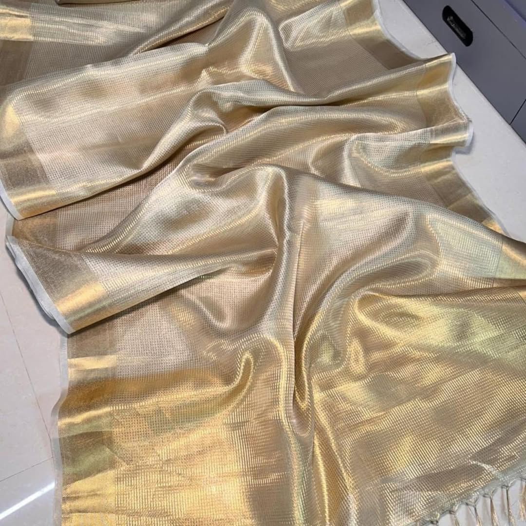 Elegant Style Beige Soft Tissue Silk Saree With Sizzling Blouse Piece