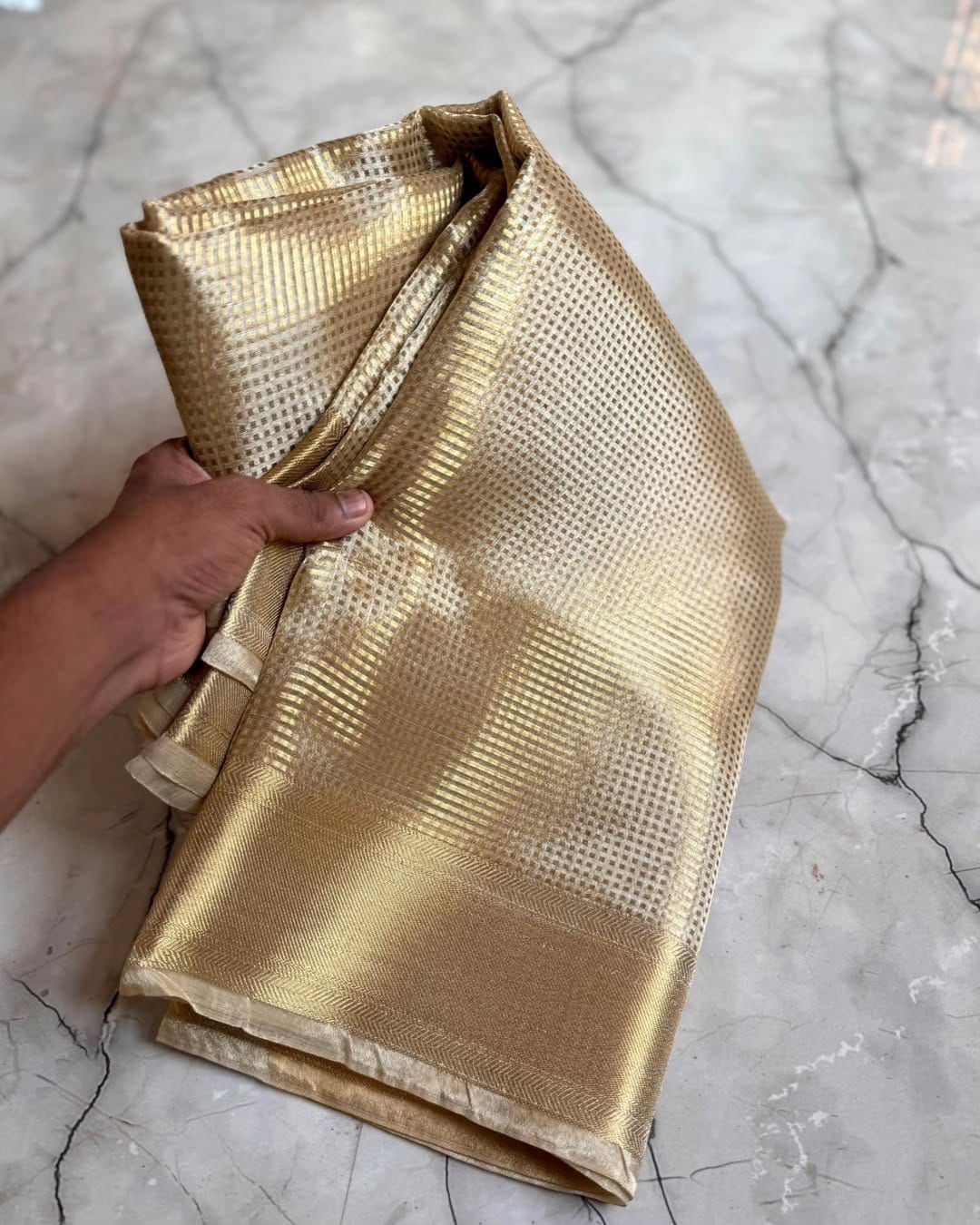 Elegant Style Beige Soft Tissue Silk Saree With Sizzling Blouse Piece