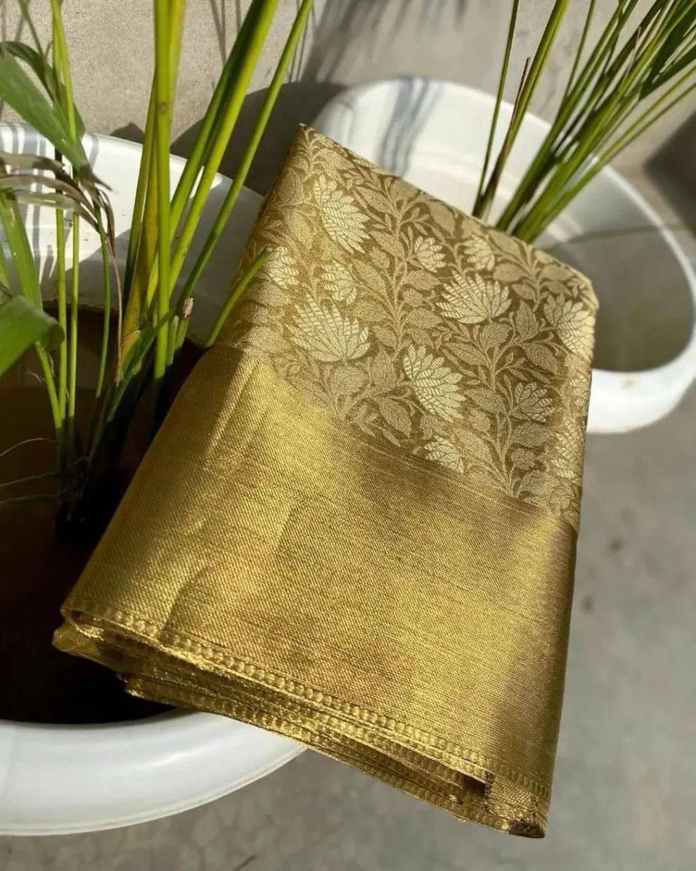 Alluring Golden Soft Tissue Silk Saree With Jazzy Blouse Piece