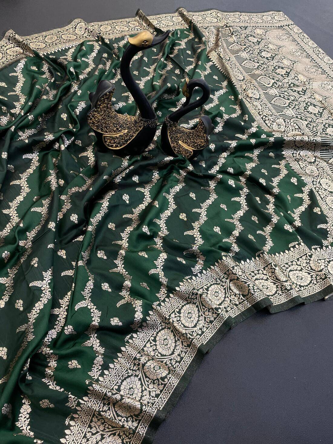 Opulent Dark Green Soft Banarasi Silk Saree With Innovative Blouse Piece