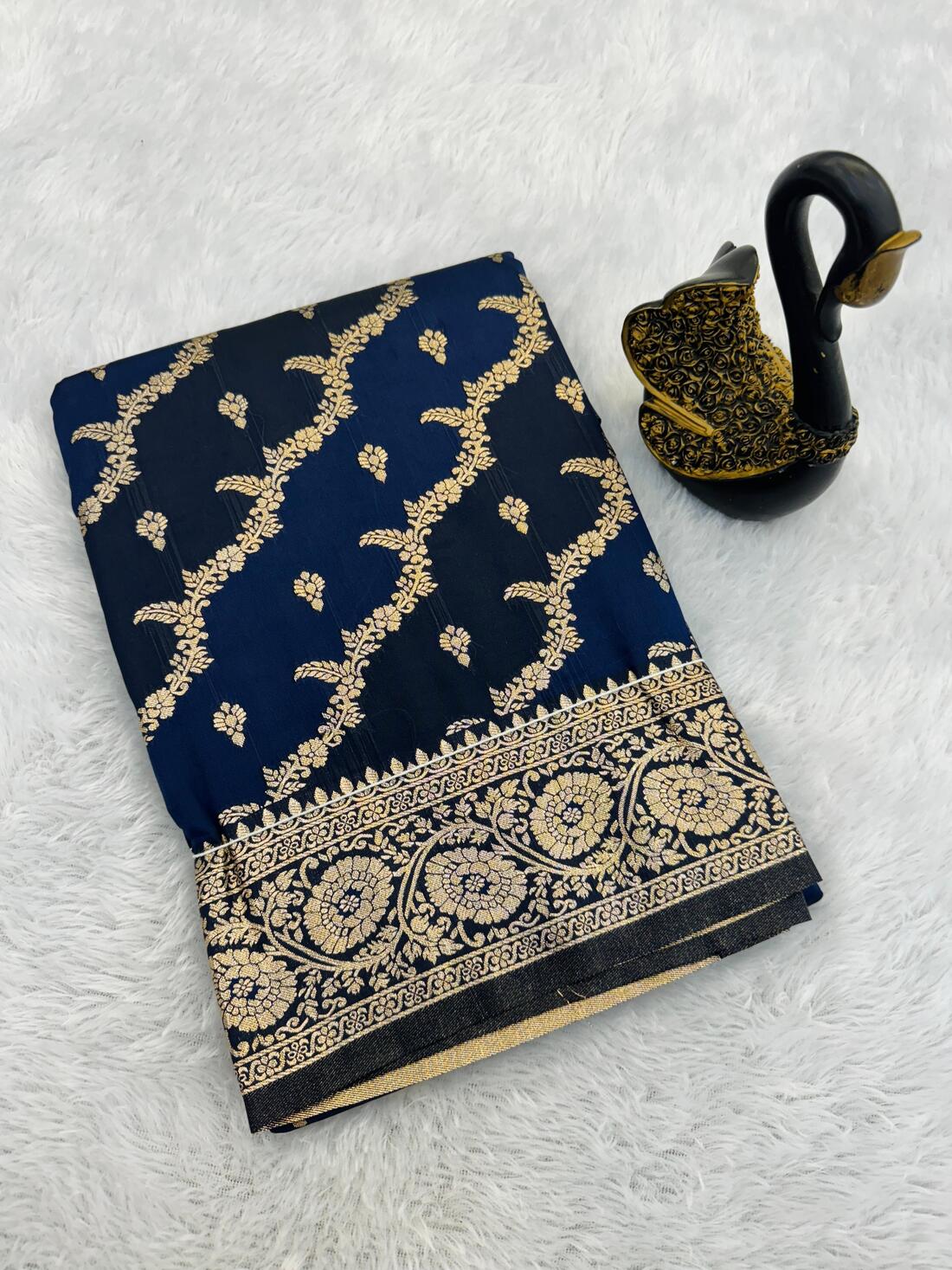 Forbearance Navy Blue Soft Banarasi Silk Saree With Outstanding Blouse Piece