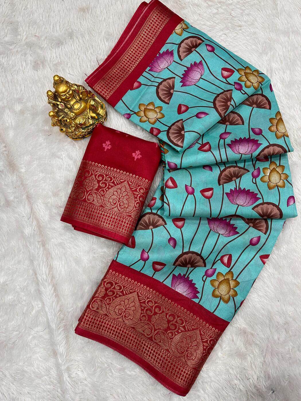 Exquisite Firozi Digital Printed Dola Silk Saree With Resplendent Blouse Piece