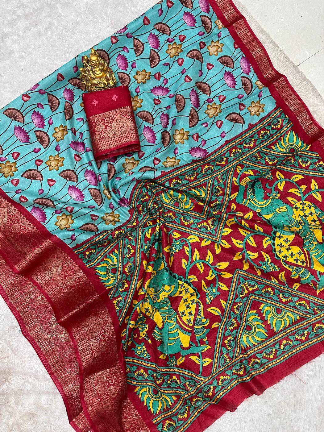 Exquisite Firozi Digital Printed Dola Silk Saree With Resplendent Blouse Piece