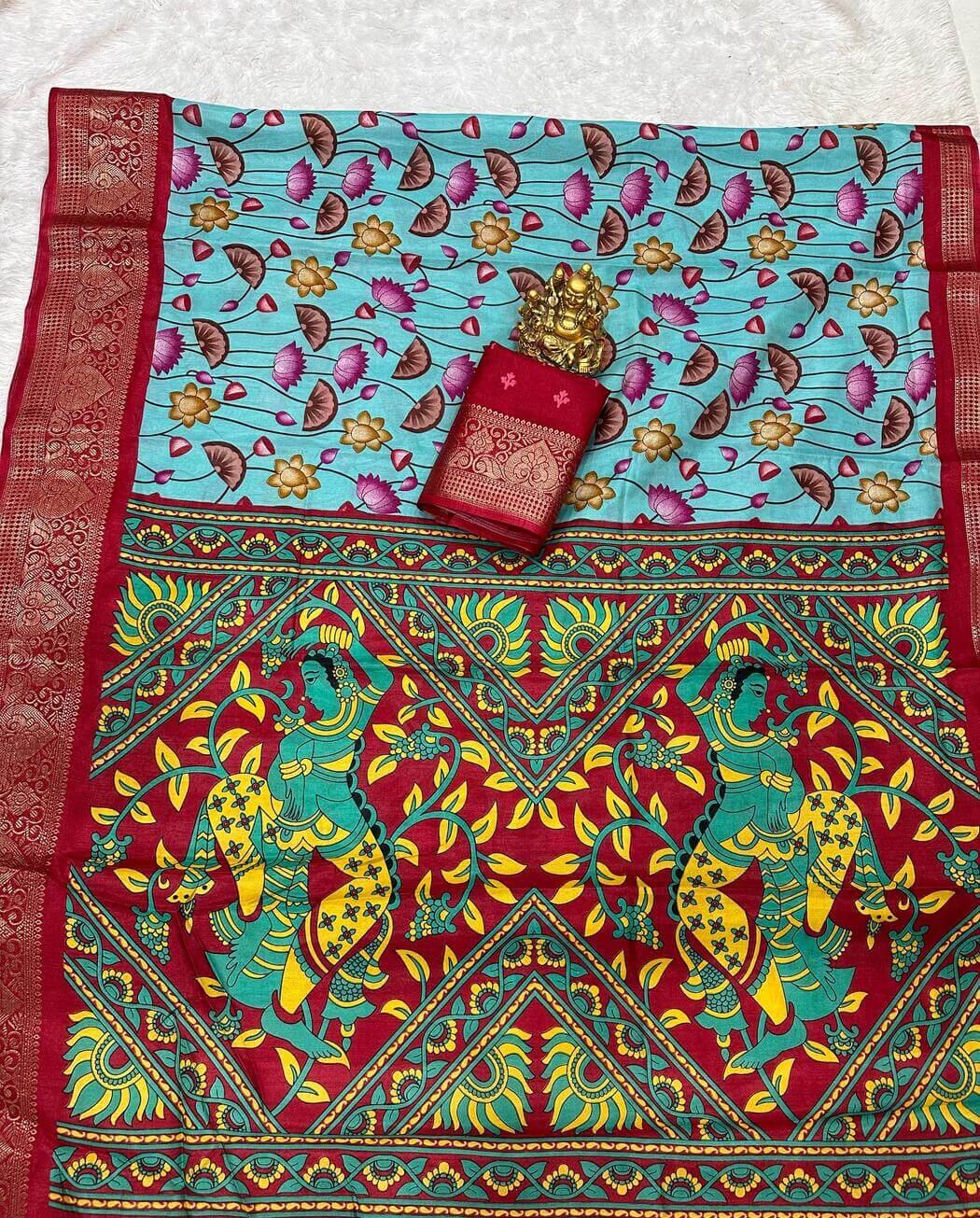 Exquisite Firozi Digital Printed Dola Silk Saree With Resplendent Blouse Piece
