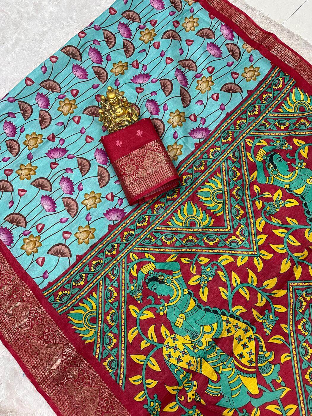 Exquisite Firozi Digital Printed Dola Silk Saree With Resplendent Blouse Piece