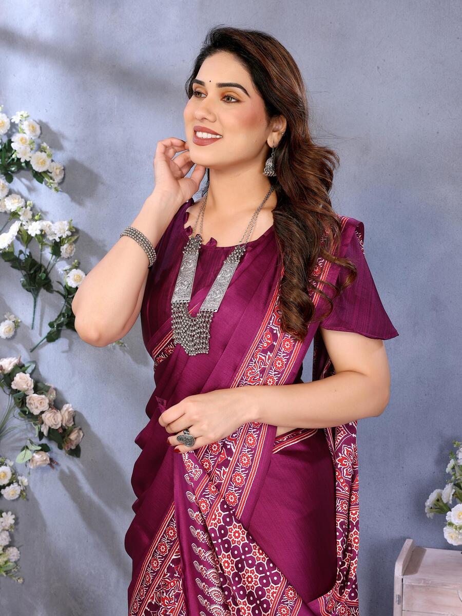 Denouement Purple Ajrak Printed Soft Silk Saree With Bewitching Blouse Piece