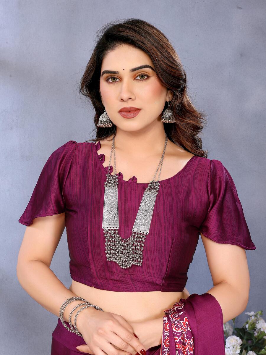 Denouement Purple Ajrak Printed Soft Silk Saree With Bewitching Blouse Piece