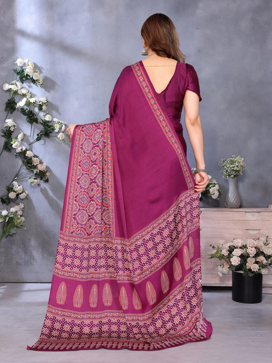 Denouement Purple Ajrak Printed Soft Silk Saree With Bewitching Blouse Piece