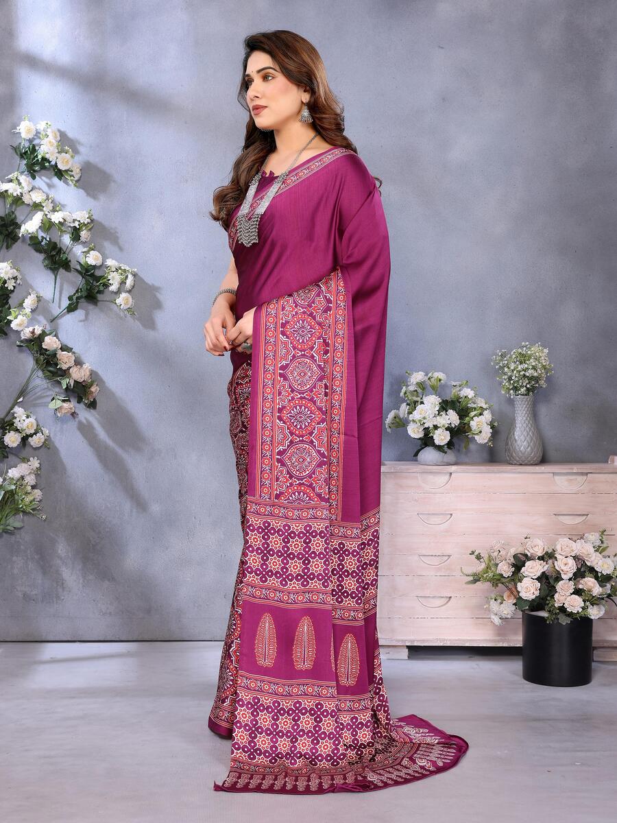 Denouement Purple Ajrak Printed Soft Silk Saree With Bewitching Blouse Piece