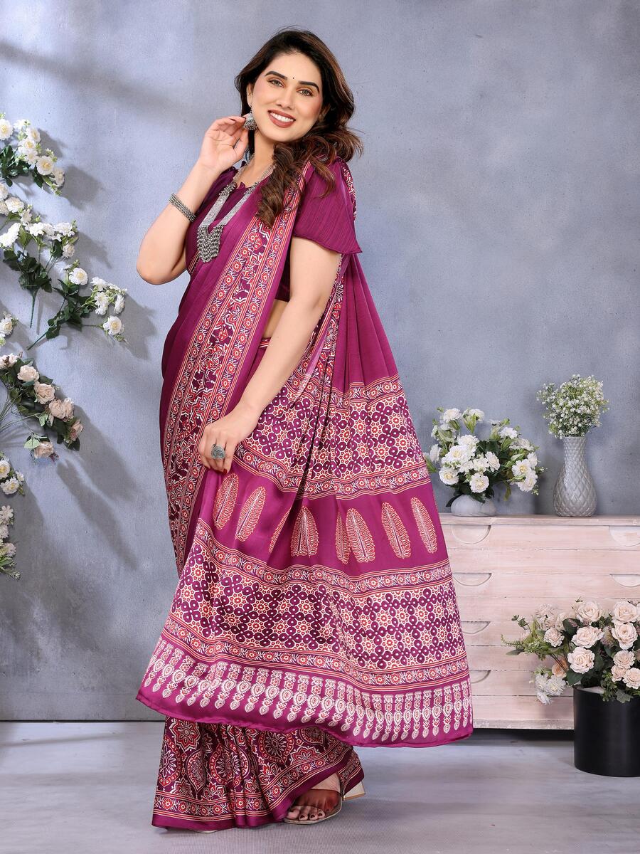 Denouement Purple Ajrak Printed Soft Silk Saree With Bewitching Blouse Piece