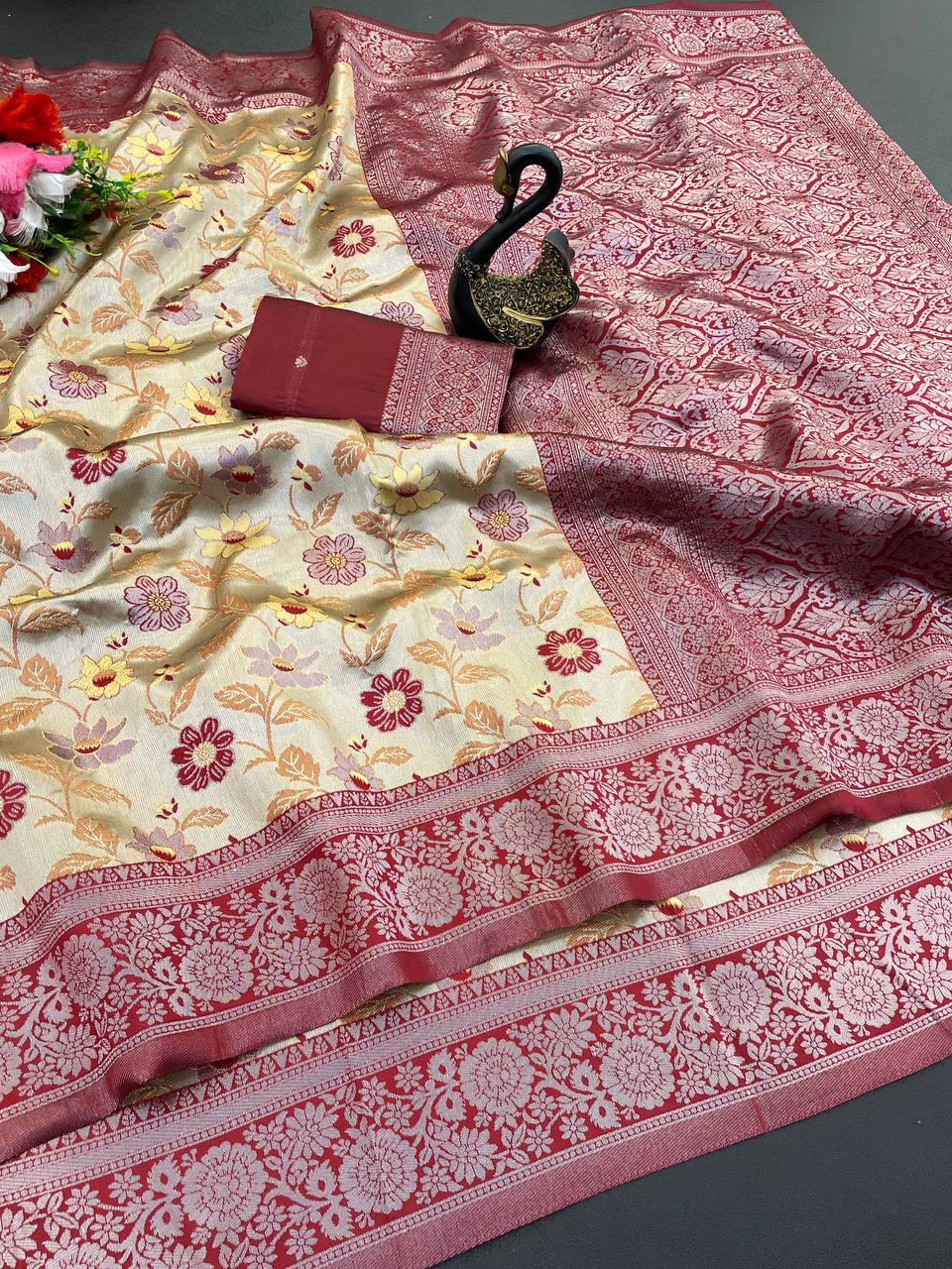 Outstanding Beige Soft Banarasi Tissue Silk Saree With Pulsating Blouse Piece