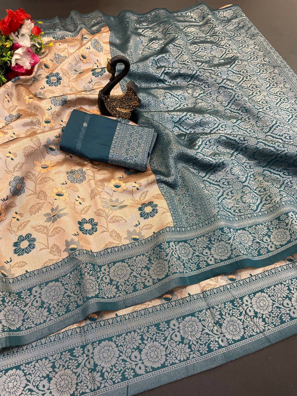 Lustrous Peach Soft Banarasi Tissue Silk Saree With Ebullience Blouse Piece
