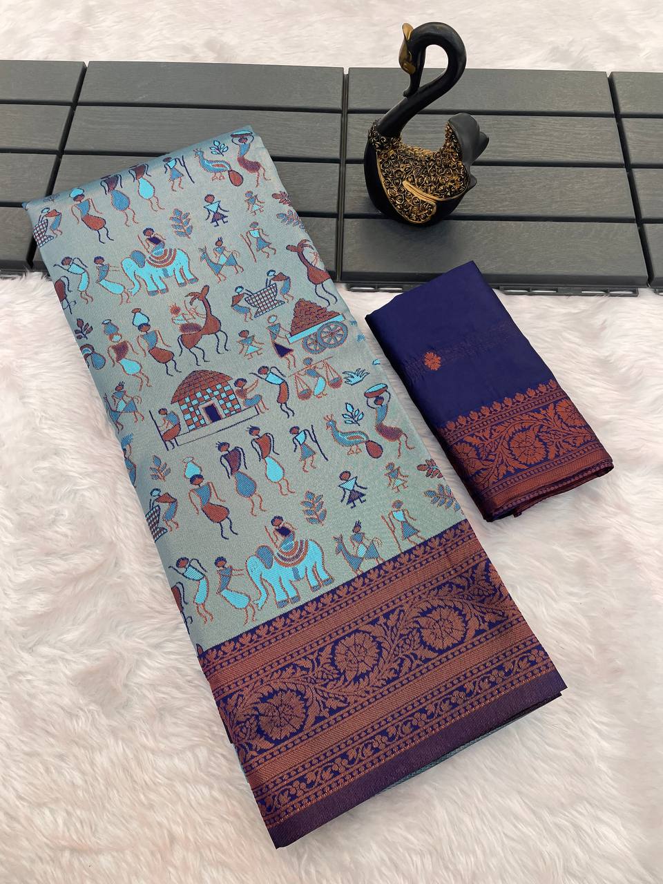 Dulcet Sky Soft Banarasi Tissue Silk Saree With Surreptitious Blouse Piece
