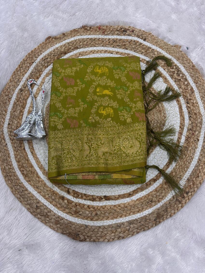 Ailurophile Green Soft Banarasi Silk Saree With Twirling Blouse Piece
