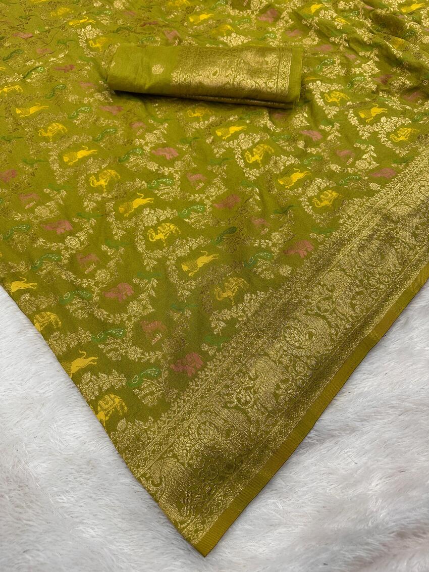 Ailurophile Green Soft Banarasi Silk Saree With Twirling Blouse Piece