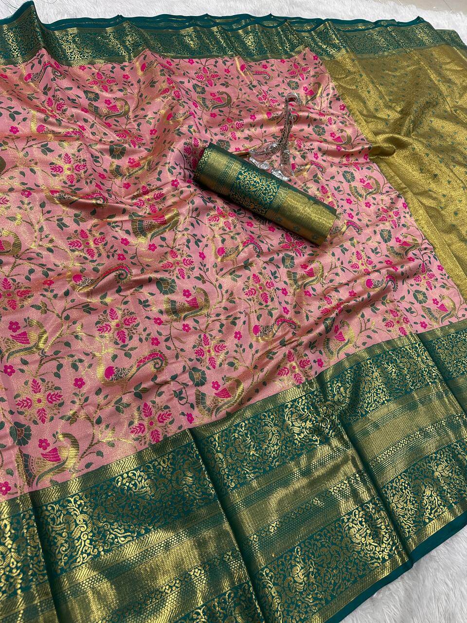 Preferable Baby Pink Kanjivaram Silk Saree With Gratifying Blouse Piece