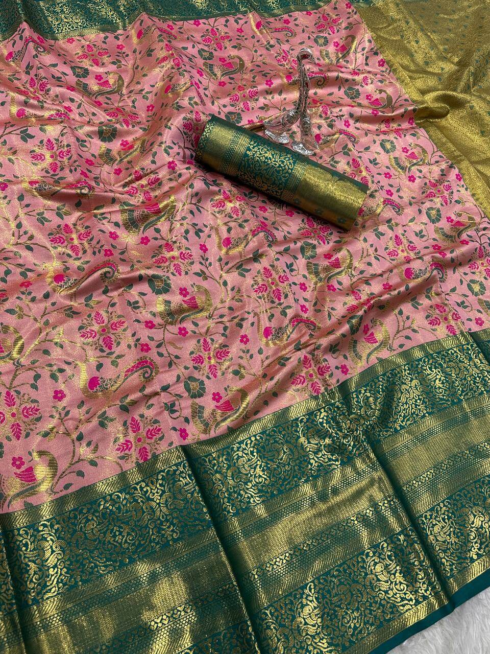 Preferable Baby Pink Kanjivaram Silk Saree With Gratifying Blouse Piece