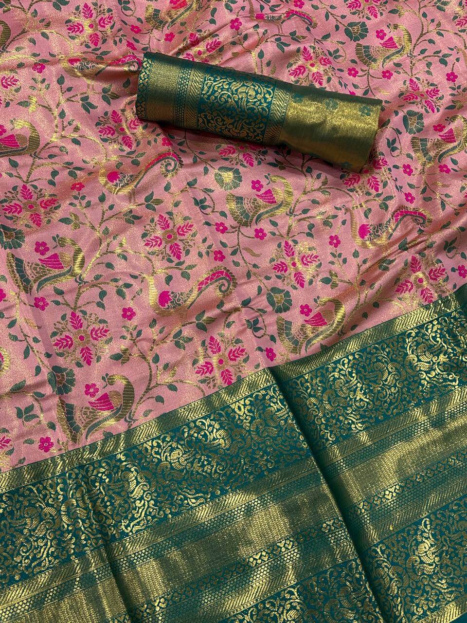 Preferable Baby Pink Kanjivaram Silk Saree With Gratifying Blouse Piece