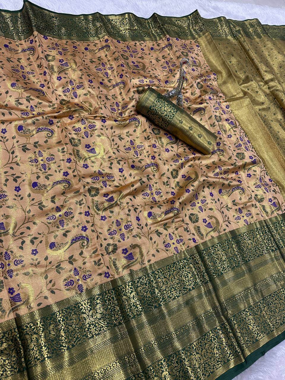 Ebullience Beige Kanjivaram Silk Saree With Enigmatic Blouse Piece