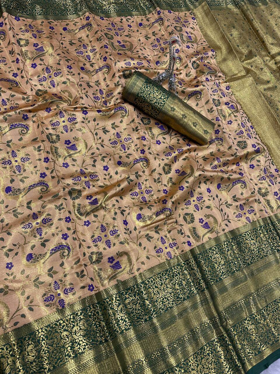 Ebullience Beige Kanjivaram Silk Saree With Enigmatic Blouse Piece