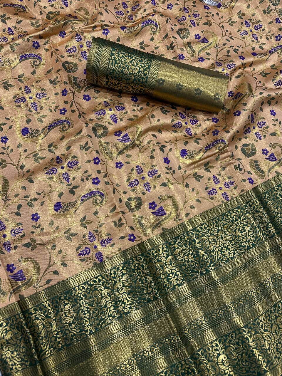 Ebullience Beige Kanjivaram Silk Saree With Enigmatic Blouse Piece