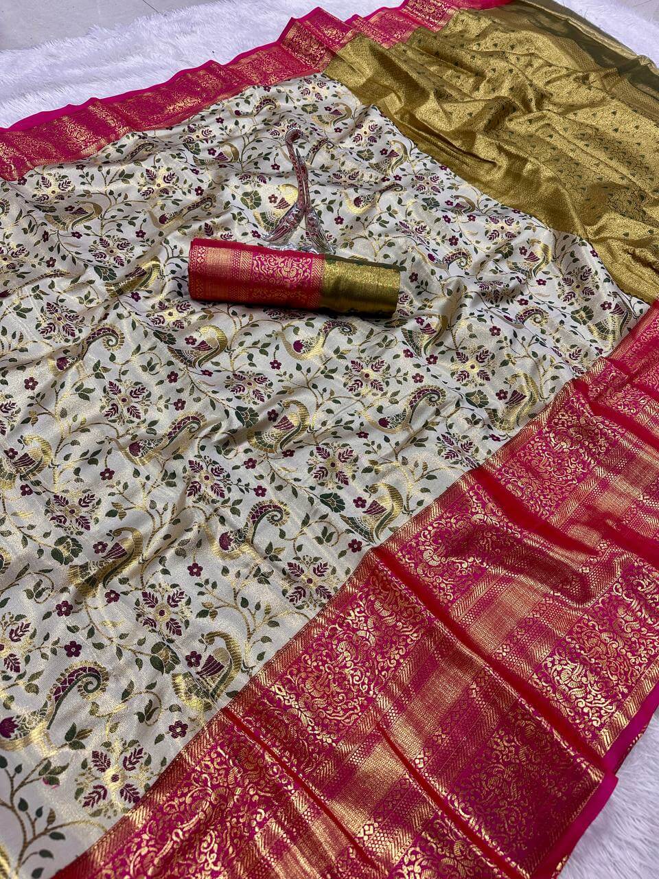 Pulsating Pista Kanjivaram Silk Saree With Majestic Blouse Piece