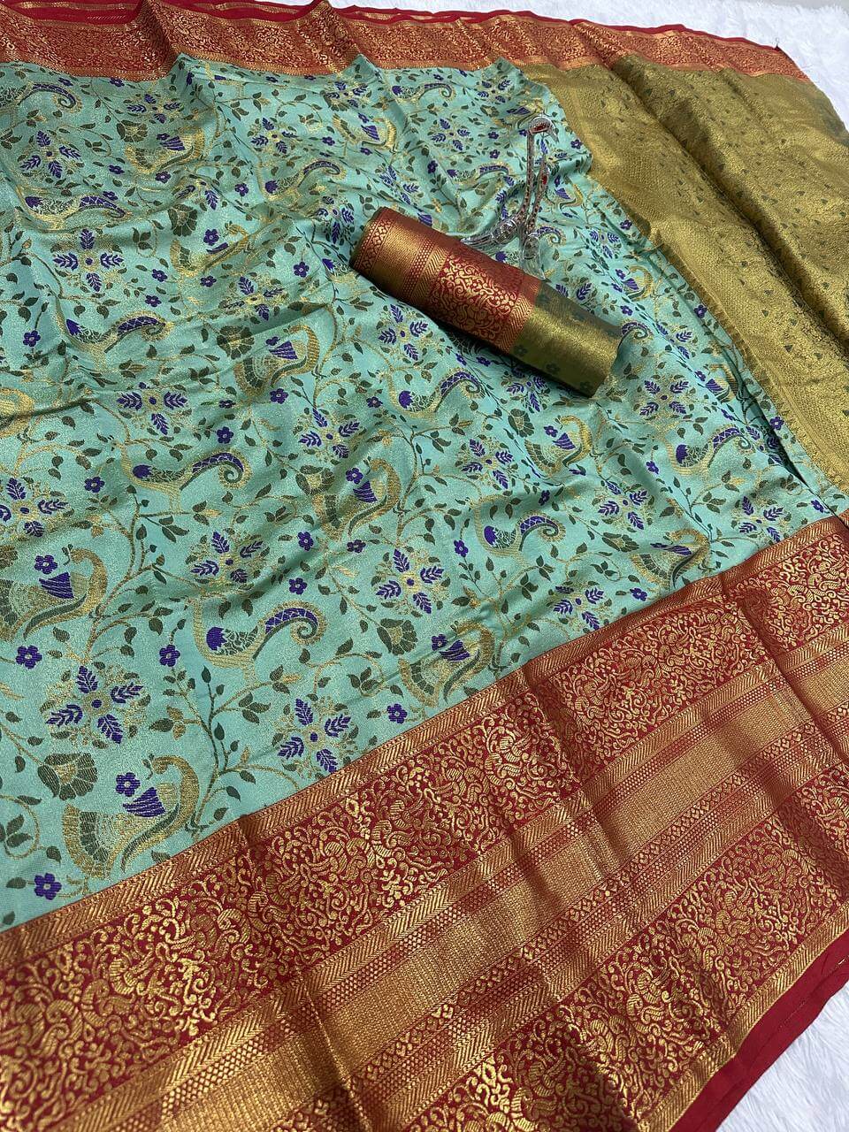 Imaginative Sea Green Kanjivaram Silk Saree With Epiphany Blouse Piece