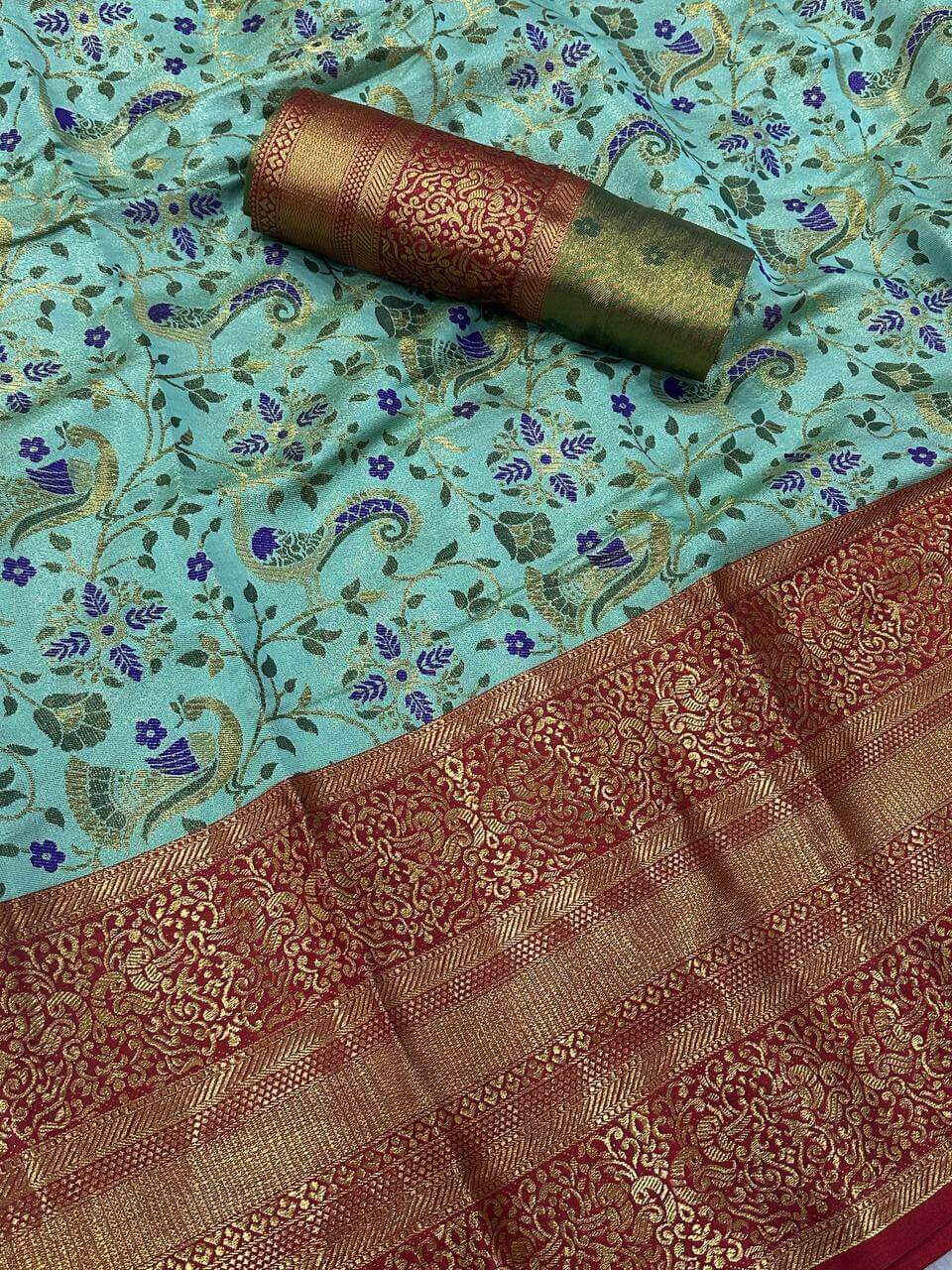 Imaginative Sea Green Kanjivaram Silk Saree With Epiphany Blouse Piece