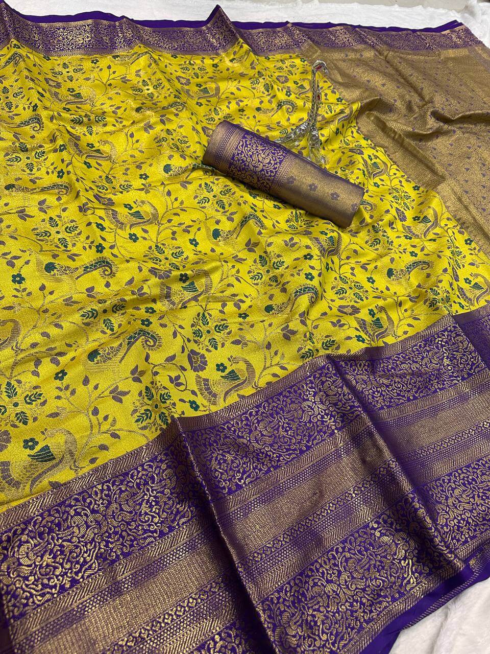 Improbable Yellow Kanjivaram Silk Saree With Skinny Blouse Piece