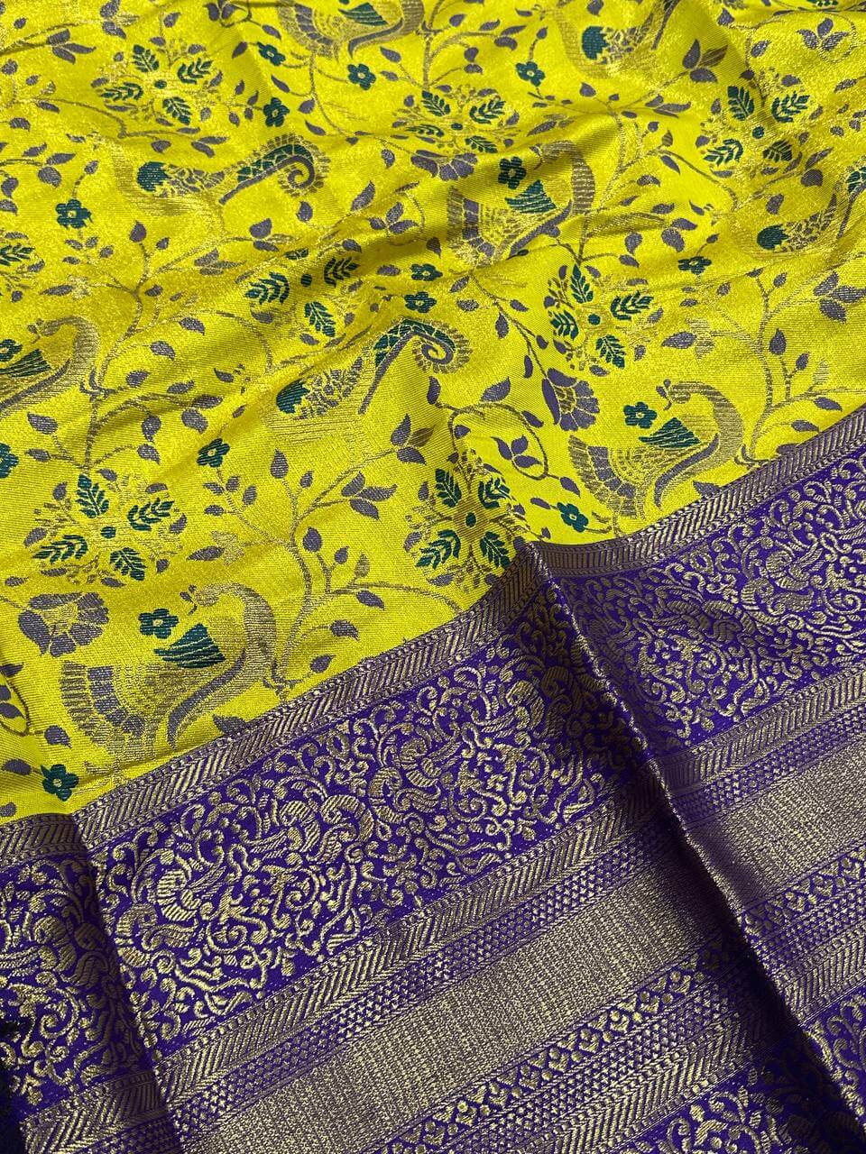 Improbable Yellow Kanjivaram Silk Saree With Skinny Blouse Piece