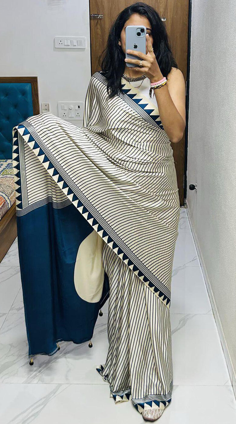 Amazing Beige Digital Printed Crape Silk Saree With Exceptional Blouse Piece