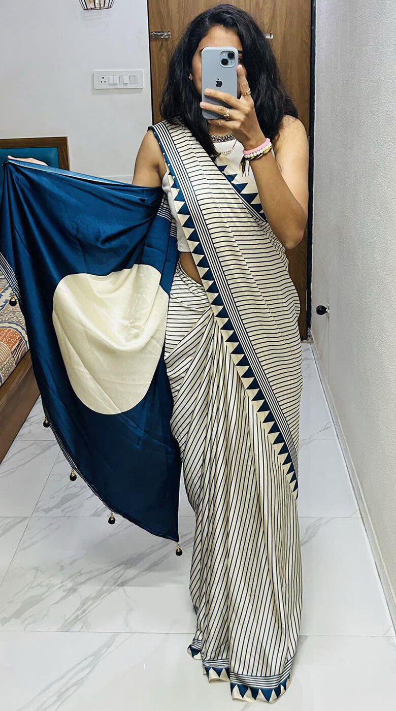 Amazing Beige Digital Printed Crape Silk Saree With Exceptional Blouse Piece